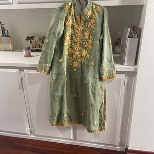 Green Embroidered Long Kurt